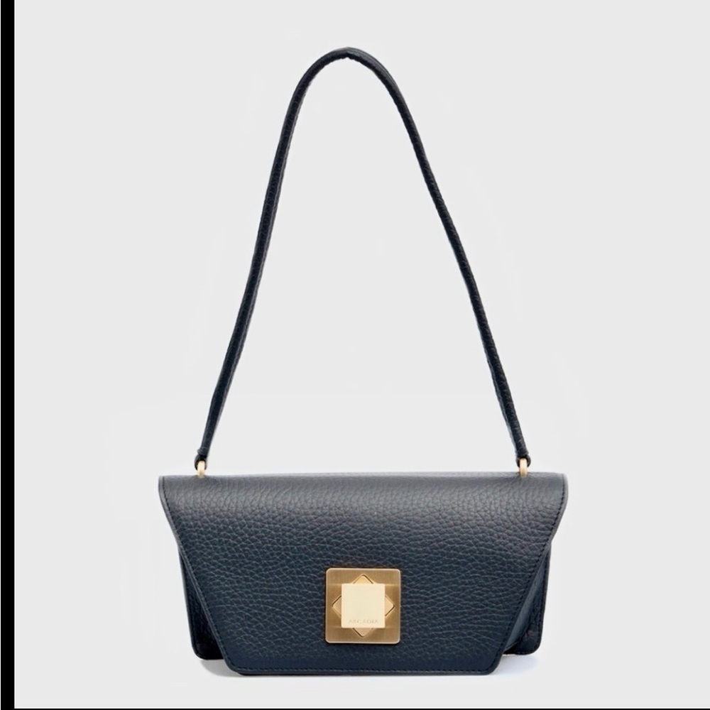 NWT ARCADIA Women’s Black LEATHER Shoulder Bag with Gold Trim Authentic